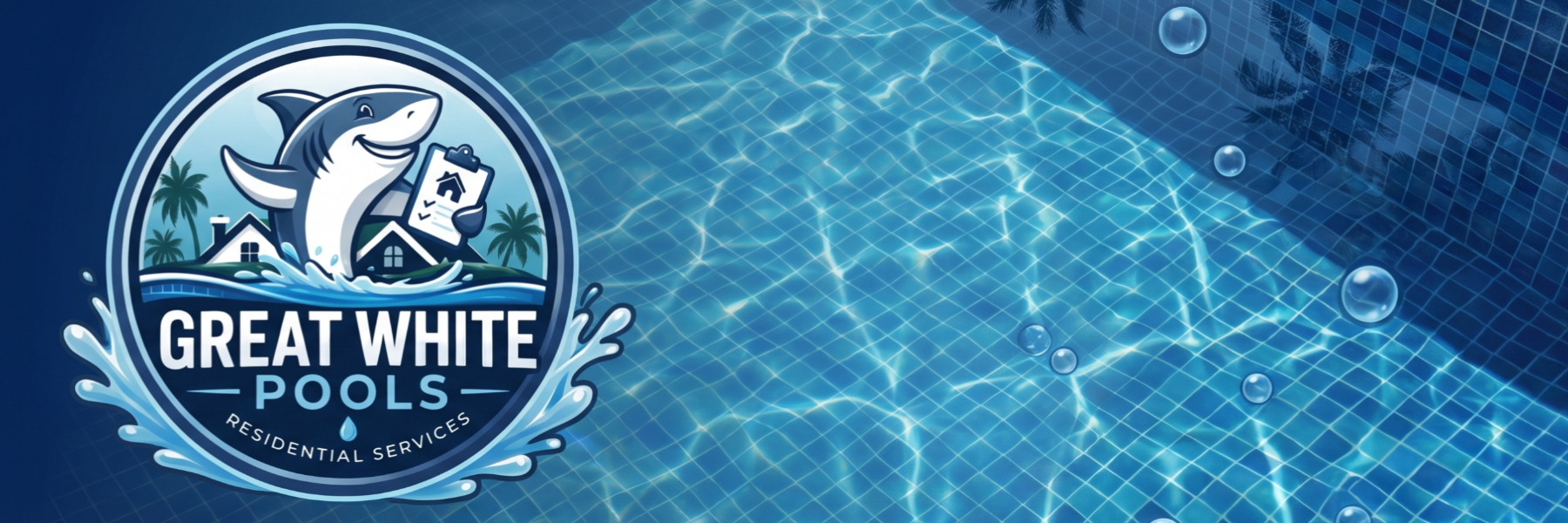 Great White Pools Residential Services over a sunlit swimming pool
